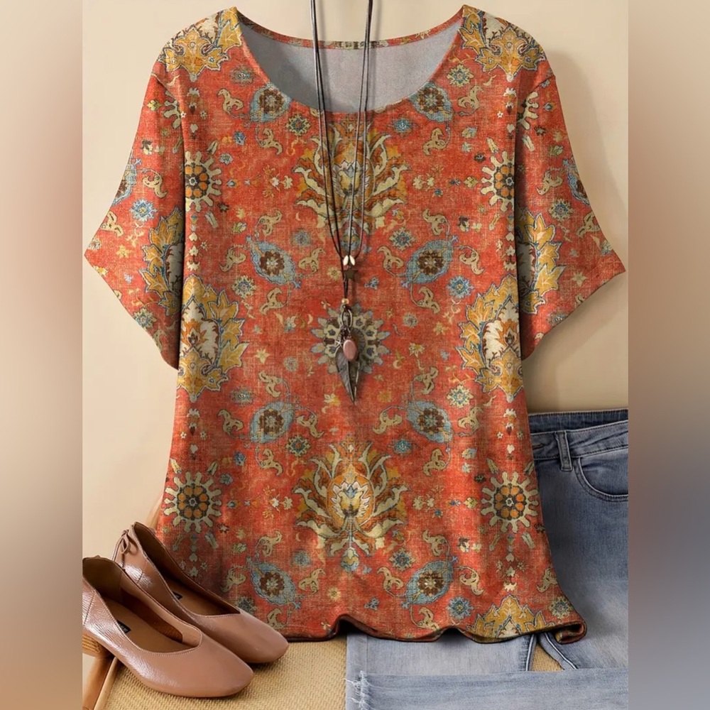 Floral‎ Patterned Orange Top - Picture 3 of 6